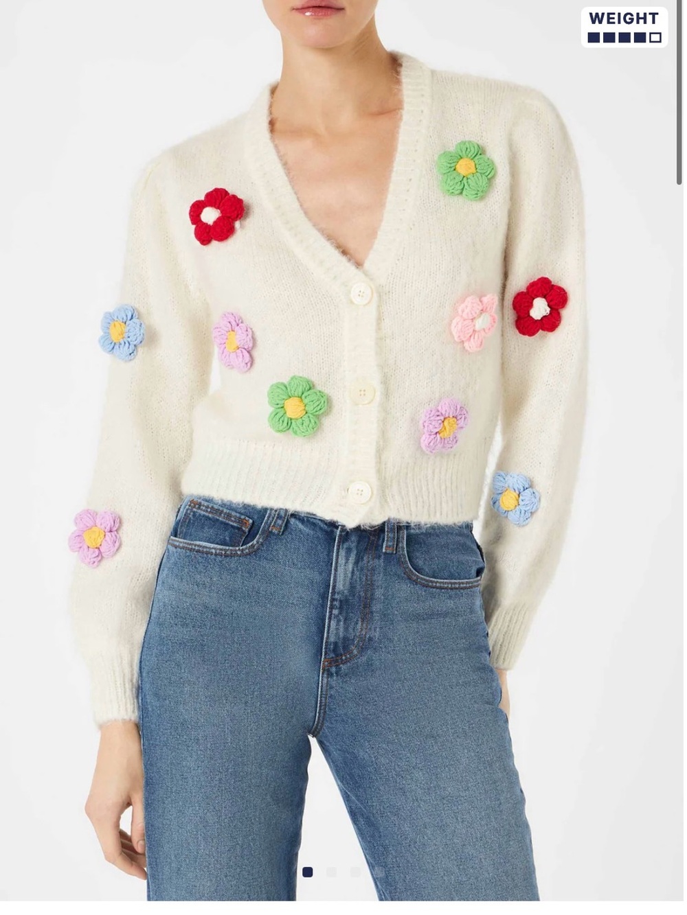 MC2 Saint Barth Cream Cropped Cardigan with Multicolor Crochet Flowers